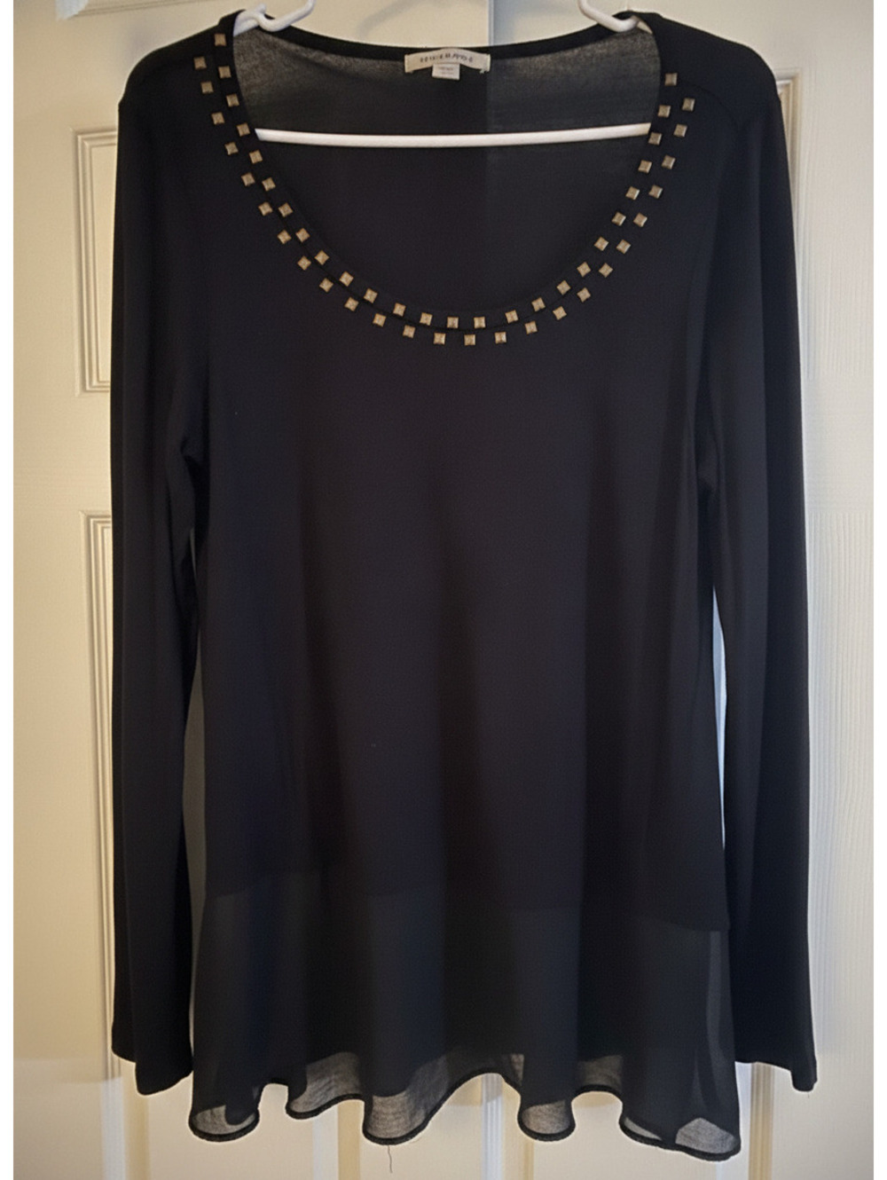 Design History Women's Black Long Sleeve Top with Studded Scoop Neck and Sheer R